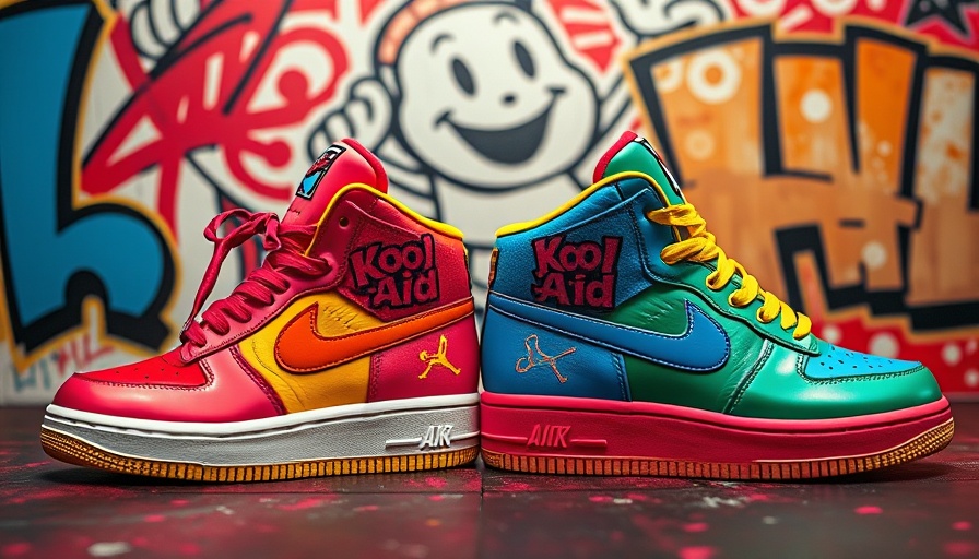 Colorful Kool-Aid sneakers on a vibrant graffiti background.