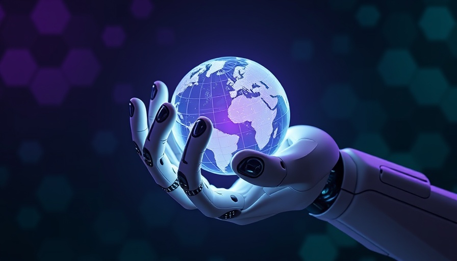 Robotic hand with glowing globe, industrial connectivity solutions.