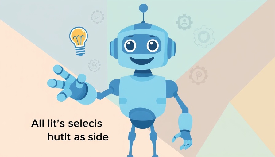 Friendly blue robot with AI icons and text on future phases