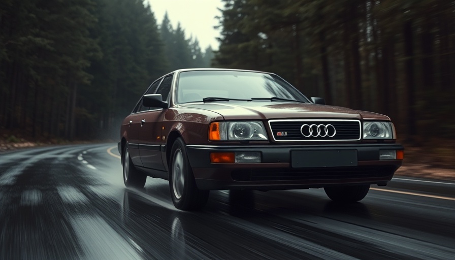 Vintage Audi sedan driving on wet road with forest backdrop.