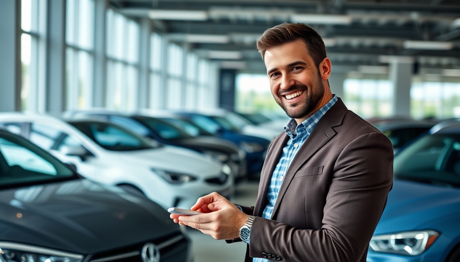 Professional man using tablet in modern car showroom, vehicle appraisal services.