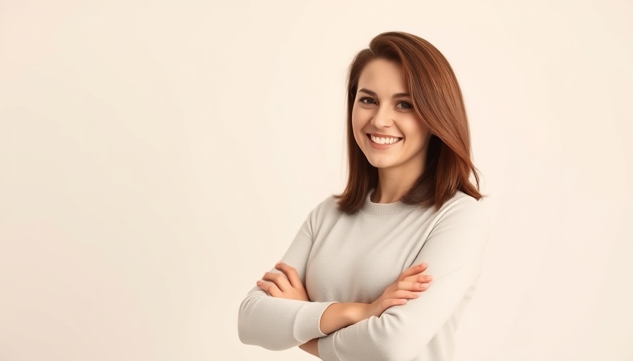 Smiling woman in blue dress, warm expression, arms crossed