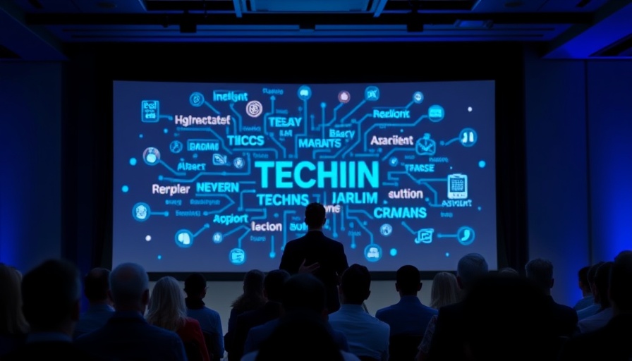 Professional presentation on tech with digital screen and audience.