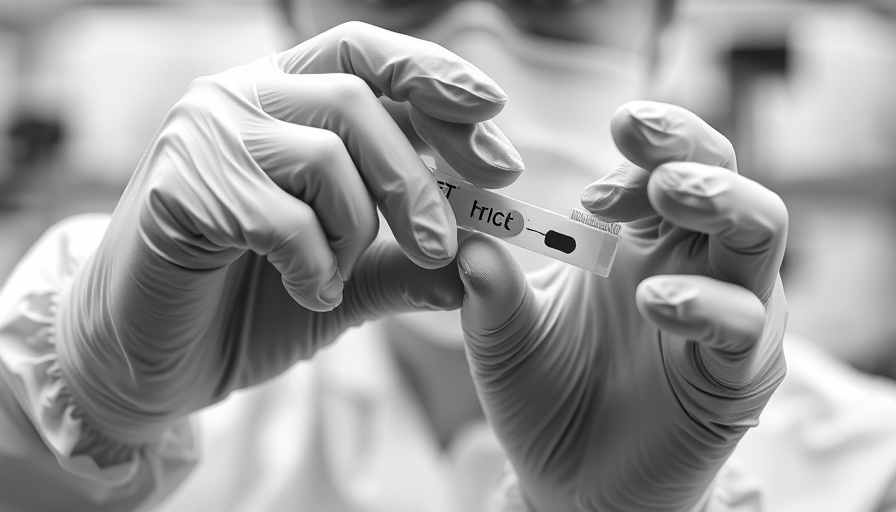 Gloved hands examining drug test strip, highlighting precision.