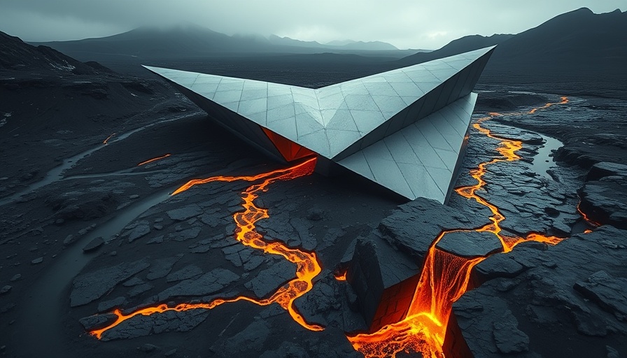 Futuristic city structure channeling lava in volcanic terrain