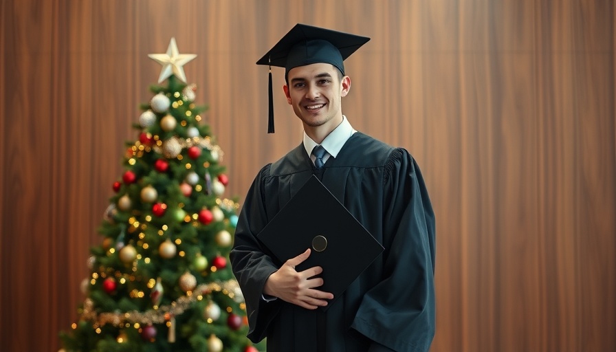 Young graduate in cap and gown celebrating indoors.