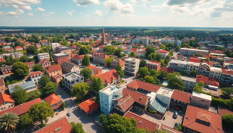 Aerial view of a small town showcasing community buildings and greenery.