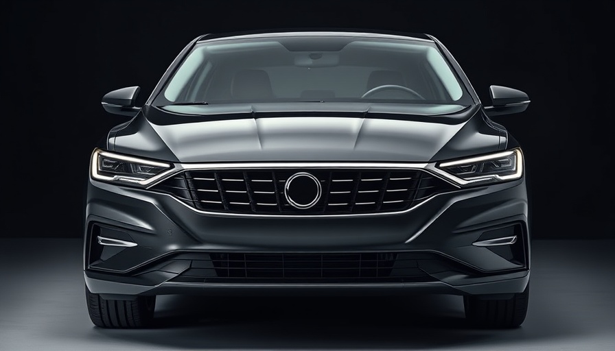 Front view of a sleek modern sedan in a studio setting, showcasing its bold grille.