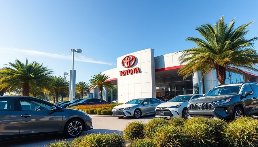 Toyota dealership sign with cars and greenery - leadership changes context.