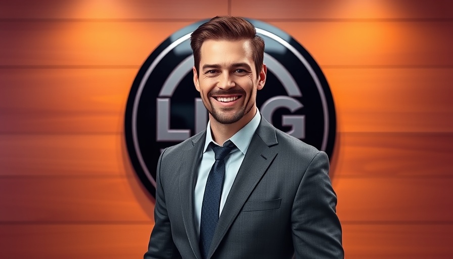 Well-dressed man smiling in studio with logo backdrop.