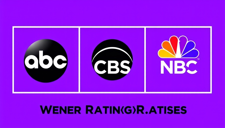 Comparison of ABC, CBS, NBC logos on purple for Evening News Ratings Declines