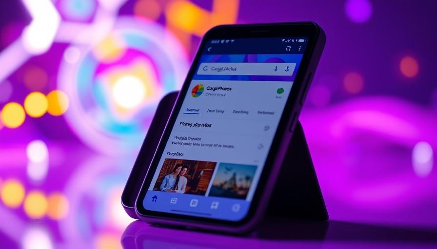 Smartphone displaying Google Photos with vibrant purple background, Gemini integration.