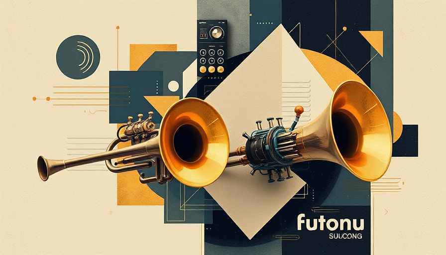 Abstract collage with trumpet and sound elements illustrating AI music disruption.