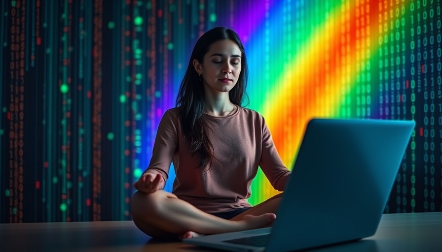 Meditative vibe coding scene with calm woman and laptop.