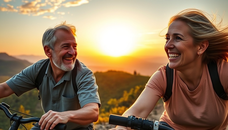 Senior couple biking at sunset highlights US retirement lifestyle.