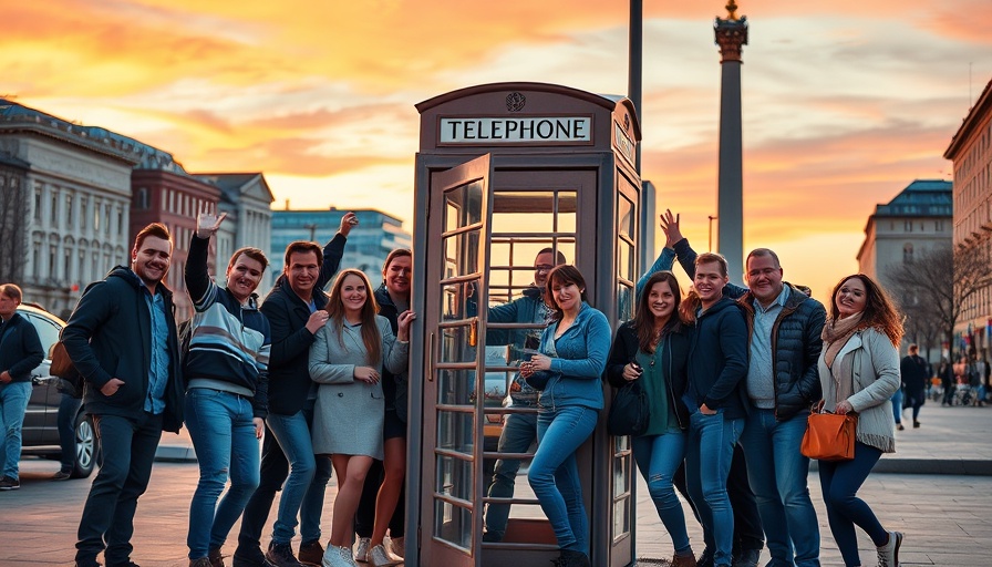 Team celebrating with a phone booth, symbolizing AI voice agents for customer service.