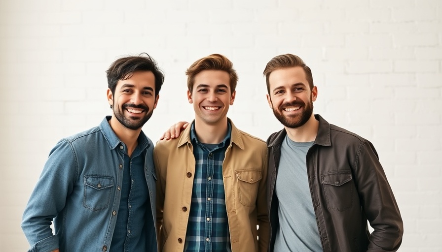 Three smiling men in casual attire, Plaid-ify any website using AI.