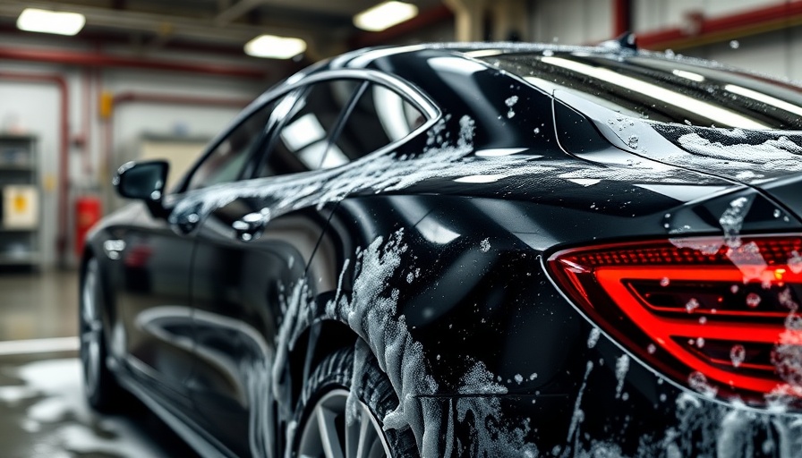 Sleek black car washing in detailed industrial background.