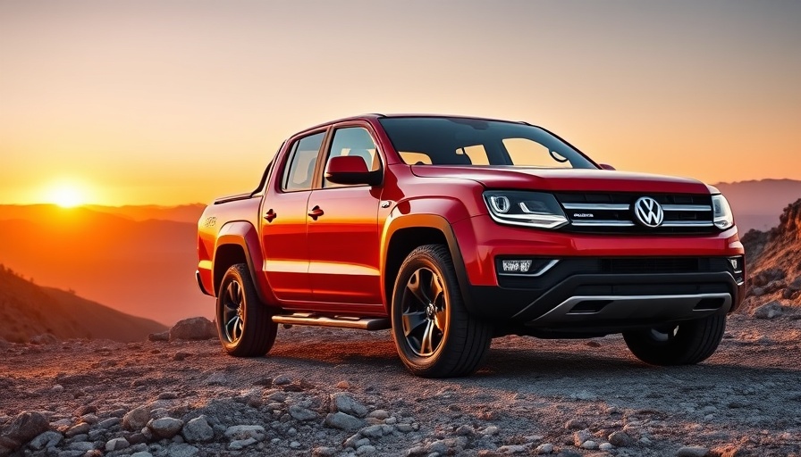 Volkswagen Pickup Truck US in sunset on rocky terrain.