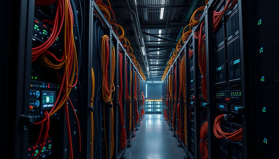 Server racks with colorful cables and lights in a data center.