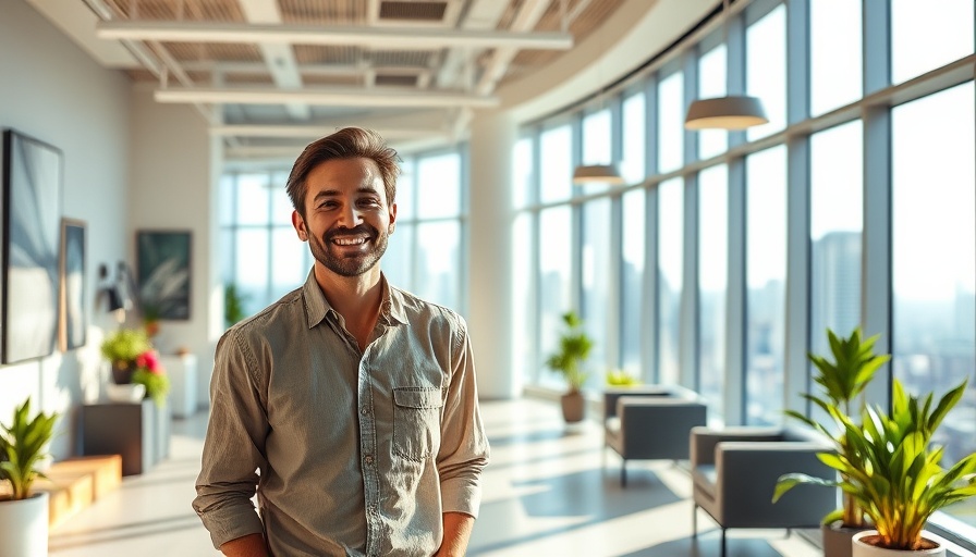 Office setting with a man smiling, symbolizing AI in software development.
