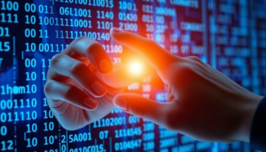 Hands interacting with binary code on a blue background, Torq HyperSOC-2o AI Cybersecurity concept.