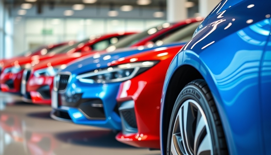 Vibrant lineup of modern cars in showroom, tariffs impact on auto ABS.
