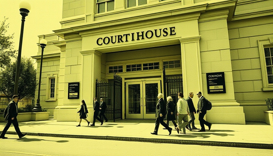Textured courthouse entrance scene related to Meta Instagram WhatsApp trial.