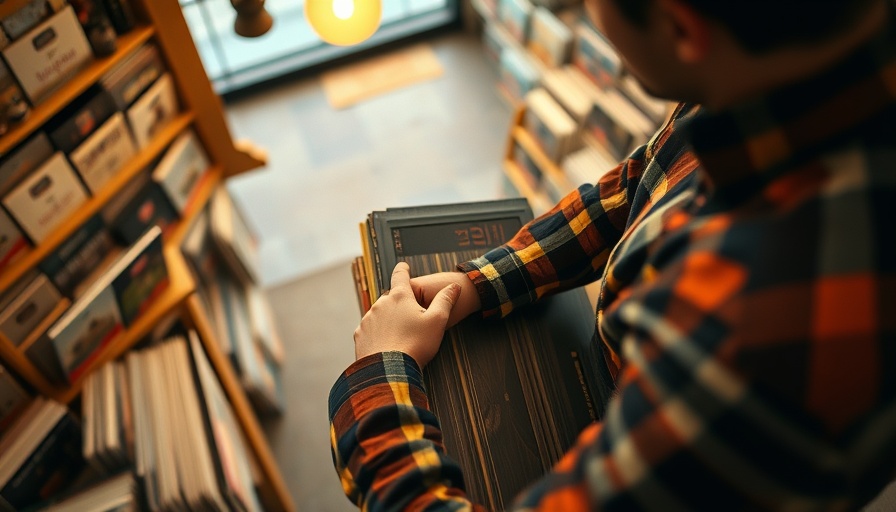 Person browsing vinyl records in a store, Trump tariffs impact on collections.