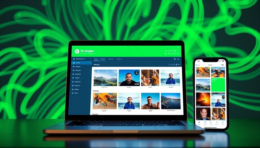 AI image management interface on laptop and smartphone with vibrant green background.