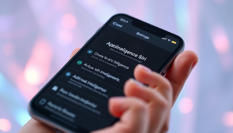 Hand holding iPhone showing Apple Intelligence and Siri settings against holographic background, illustrating privacy-focused AI features.