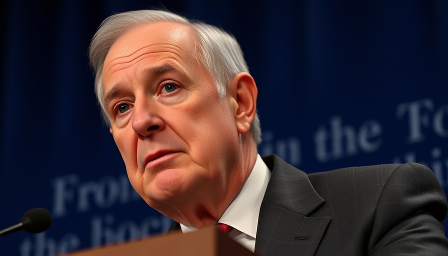 Expressive man in suit at podium against blue backdrop.