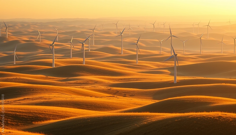 Expansive landscape with wind turbines under sunset, showcasing American energy dominance.