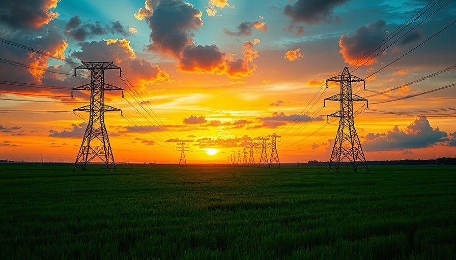 Power transmission towers in a field during sunset highlighting AI energy demand.