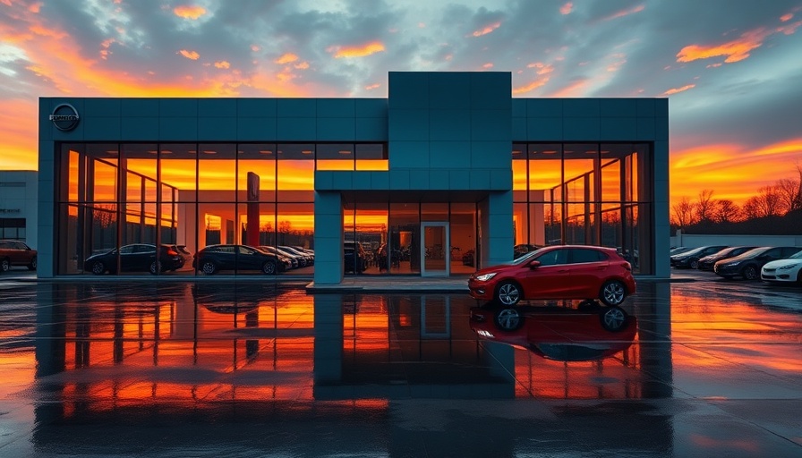 Modern car dealership with cars reflecting sunset