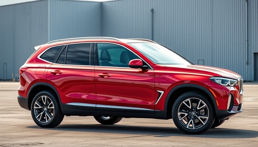Red SUV parked in industrial area, soft daylight.