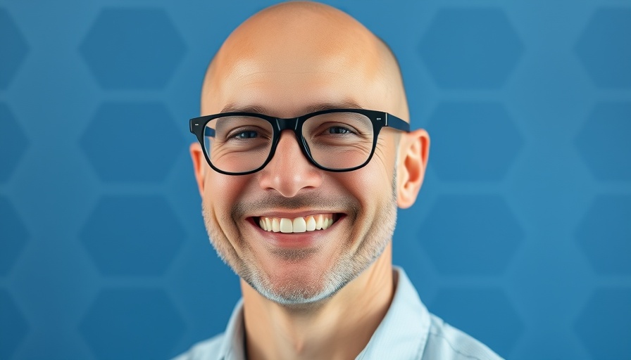 Bald man with glasses smiling against blue geometric background.