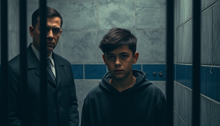 Somber youth in a cell with guard reflecting on streaming ratings.