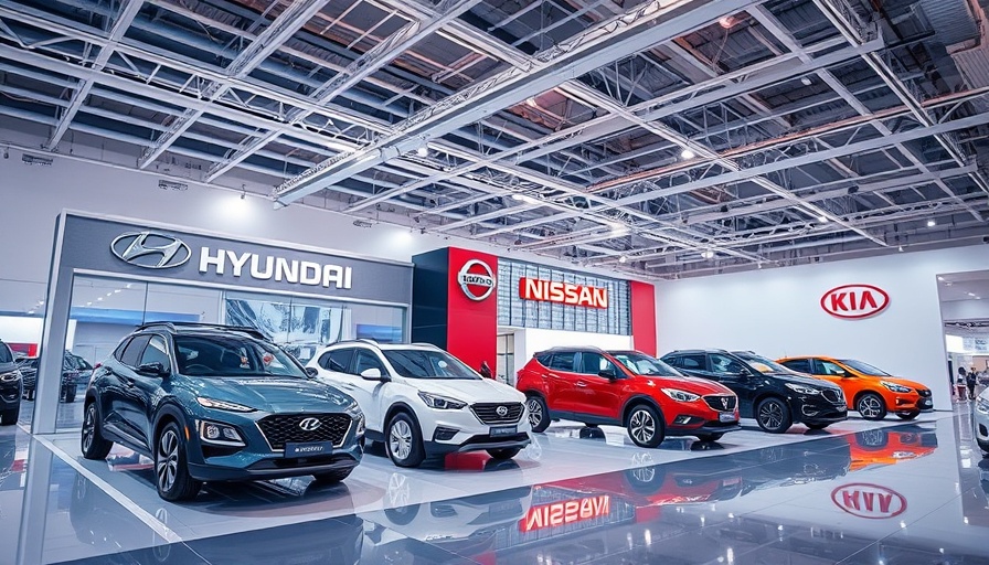Automotive exhibition hall with Hyundai, Nissan, Kia displays, showcasing impact of tariffs on advertising.