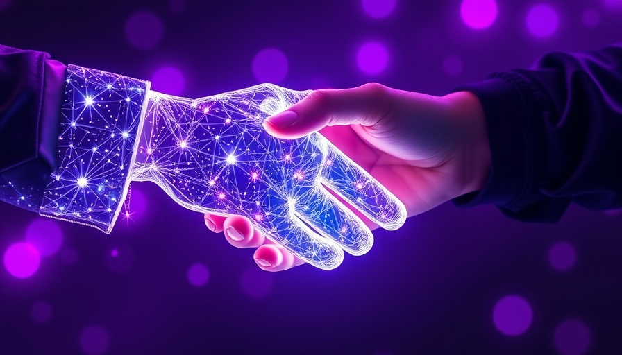 Futuristic digital handshake symbolizing technology partnership.