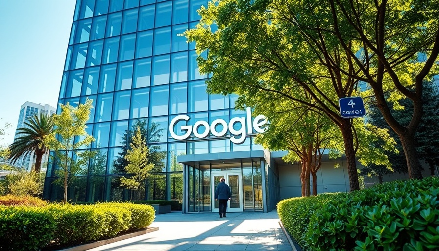 Google office entrance amidst greenery, person entering, sunny day