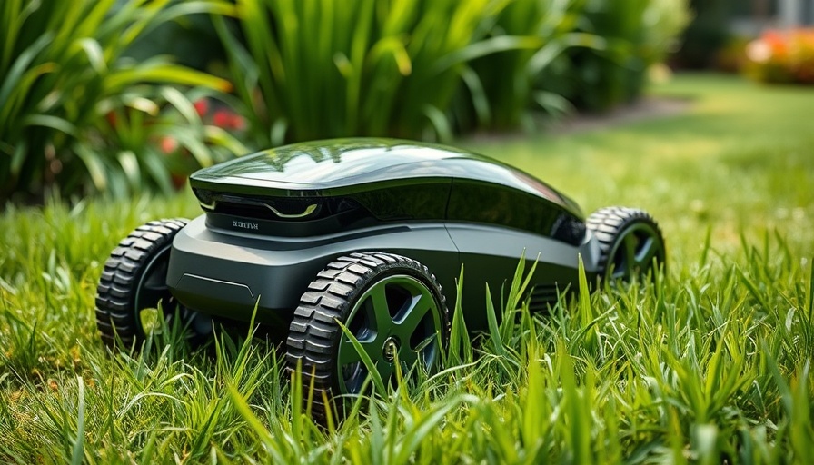 Futuristic robot lawn mower navigating grass.