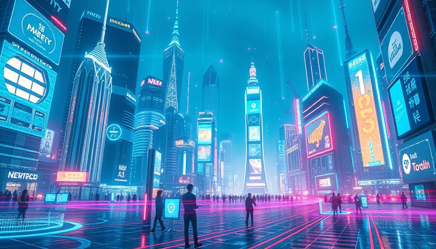 Futuristic AI interacting with digital advertising symbols