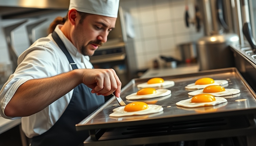 Chef cooking eggs on a griddle in a busy restaurant kitchen.