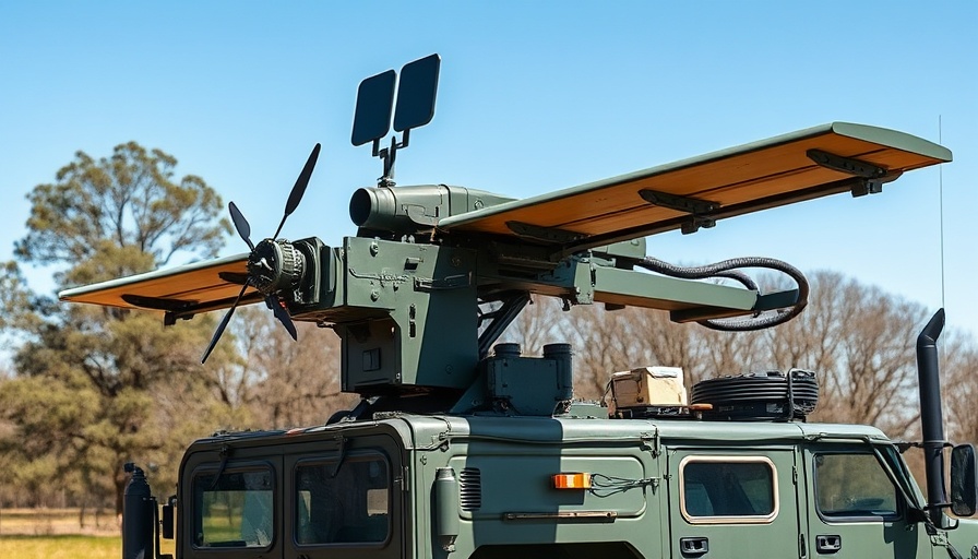 UK Microwave Drone Weapon system on military vehicle in rural setting.