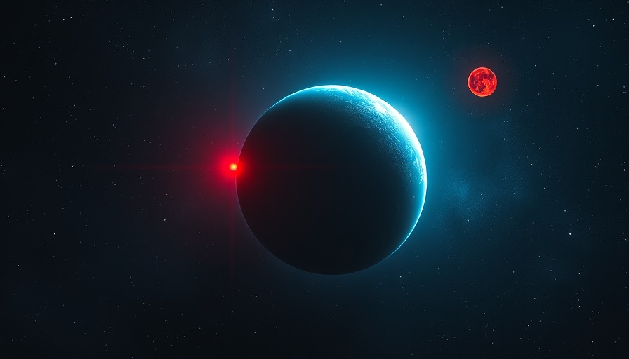 Exoplanet seen from space with distant red star, possible evidence of life.