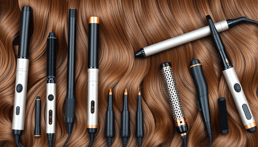 Collection of best curling irons 2025 on wavy brown hair background.