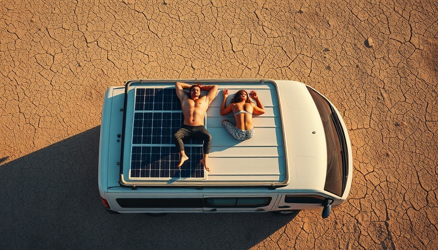 Drone view of people on van roof with solar panels on cracked earth.