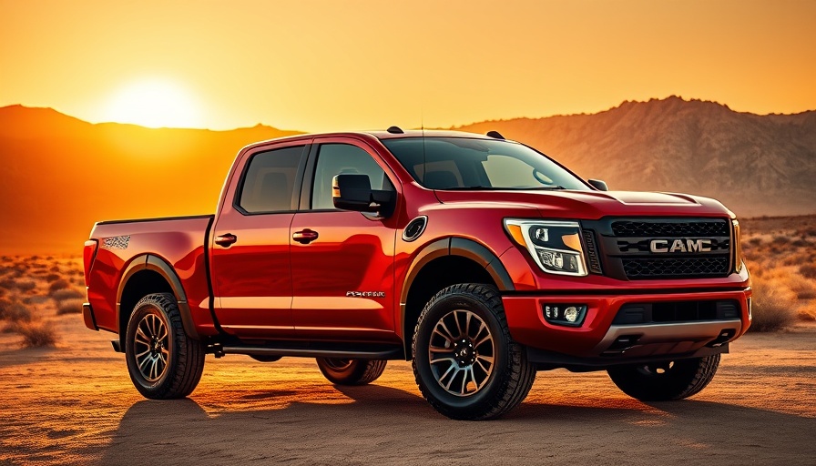 Modern red pickup truck on desert landscape at sunset.