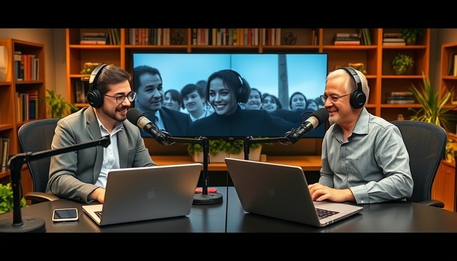 Virtual podcast interview on AI disruption in technology, two hosts discussing.